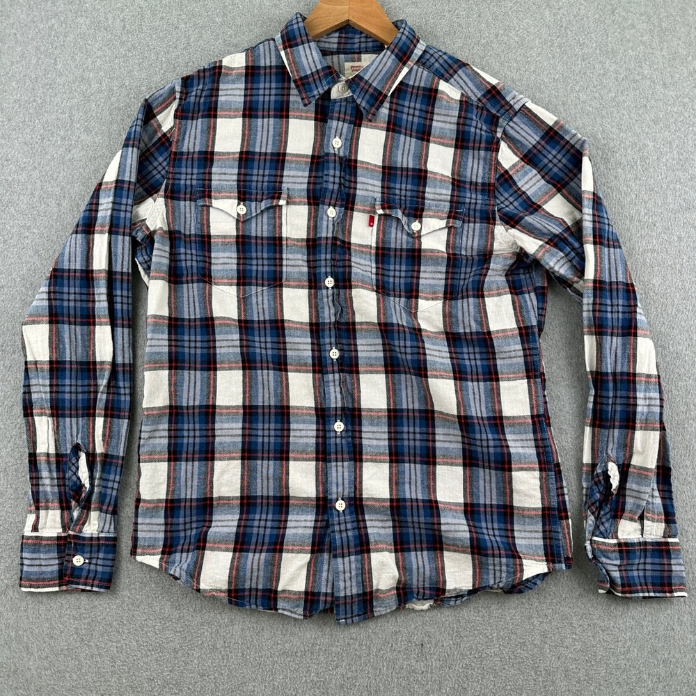 Levi's Button Up Shirt Mens M‎ Blue White Plaid Western Standard Flannel
